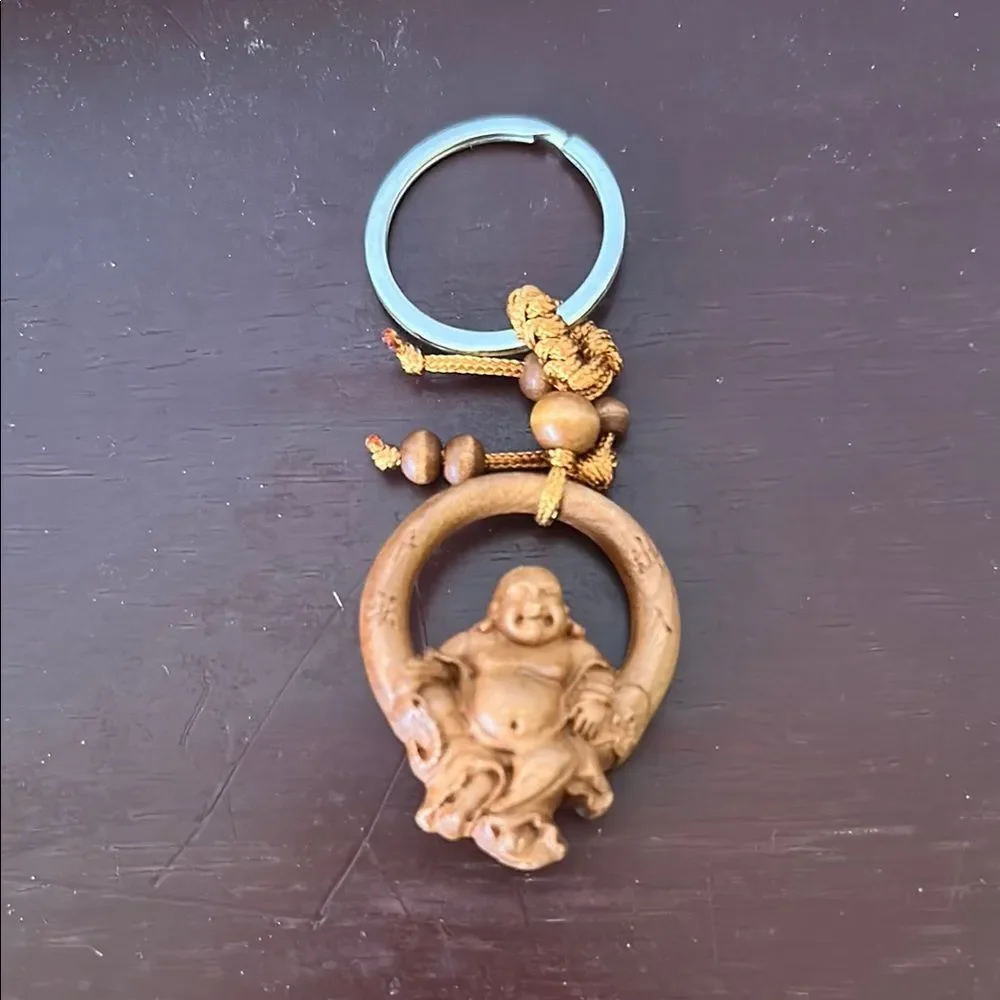 Wood Keychain Keyring Happy Buddha Ho Tai Brown Carved Lucky Charm Gift